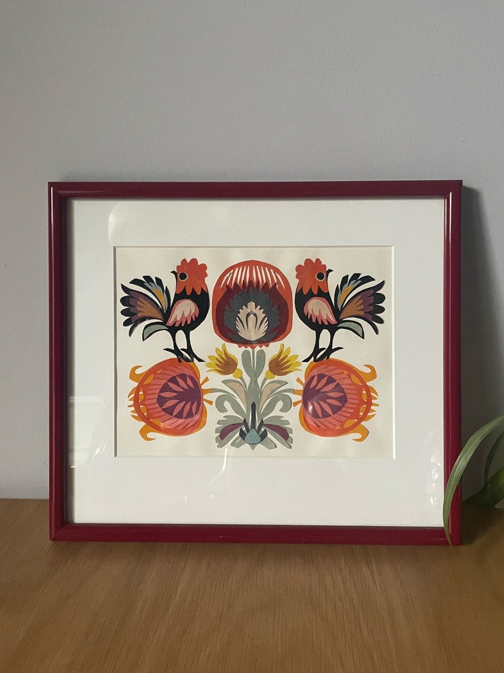 Vintage Framed Polish Wycinanki Handmade Papercut Folk Art Roosters and Florals